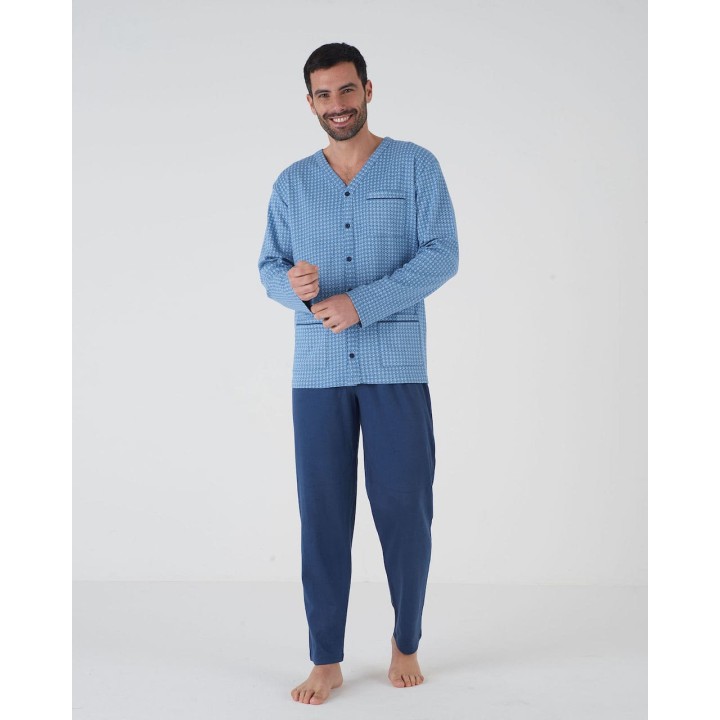 pigiama-uomo-aperto-davanti-invernale-in-caldo-cotone-karel-kf5101 azzurro