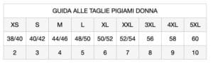 Guida alle taglie pigiami donna dalla 38 alla 60